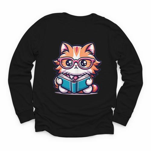 Adorable Book Lover Maine Coon Cat With Reading Glasses Cute Youth Long Sleeve Tee - Bookorys