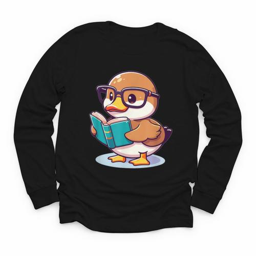 Adorable Book Lover Mallard Duck With Reading Glasses Cute Youth Long Sleeve Tee - Bookorys