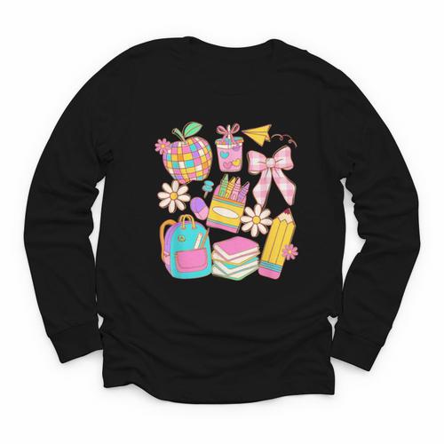 Apple Disco Pencil Books Bow Teacher Student Back To School Youth Long Sleeve Tee - Bookorys AU