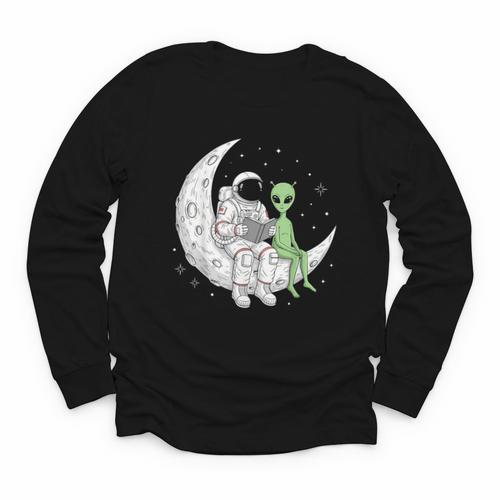 Astronaut Reading Book To Alien Moon Space Book Lover Men Youth Long Sleeve Tee - Bookorys CA