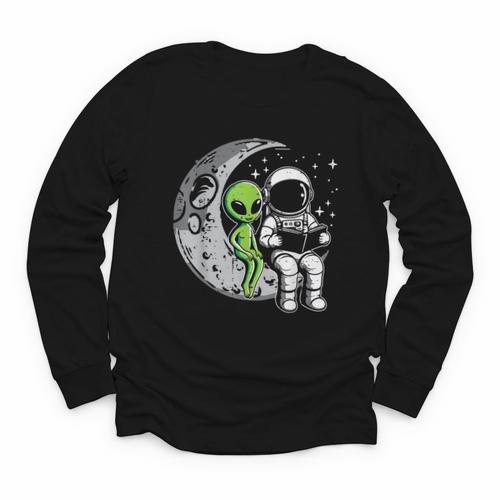 Astronaut Reading Book To Alien Moon Space Women Kids Men Youth Long Sleeve Tee - Bookorys CA