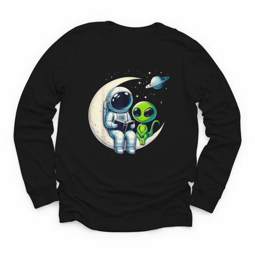Astronaut Reading Book To Alien Shirt Moon Space Lover Kids Youth Long Sleeve Tee - Bookorys CA