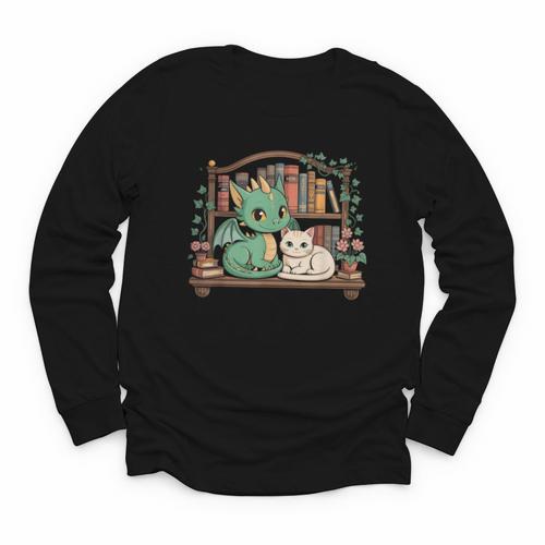 Boho Librarian Booklover Cottagecore Fantasy Book Dragon Cat Youth Long Sleeve Tee - Bookorys