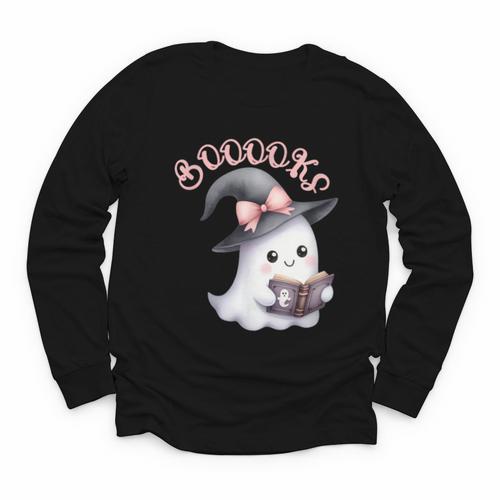 Boo Ghost Books Coquette Bow Halloween Women School Teacher Youth Long Sleeve Tee - Bookorys AU