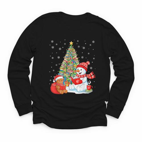 Book Christmas Tree Bookworm Gingerbread Man Snowman Reading Youth Long Sleeve Tee - Bookorys CA