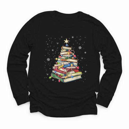 Book Christmas Tree Teacher Book Lover Crew Neck Modern Classic Christmas Small Short Sleeve -Adults -Kids Youth Long Sleeve Tee - Bookorys