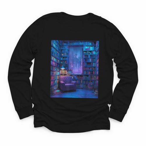 Book Library Bookshelf Armchair Window Pattern Print Youth Long Sleeve Tee - Bookorys
