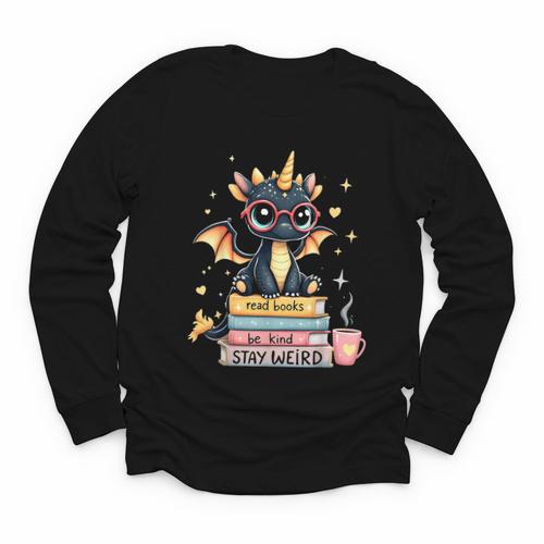 Book Lover Chibi Dragon With Big Red Glasses Bookworm Youth Long Sleeve Tee - Bookorys
