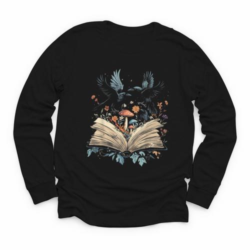 Book Lover Crow Cottagecore Flowers Book Youth Long Sleeve Tee - Bookorys UK