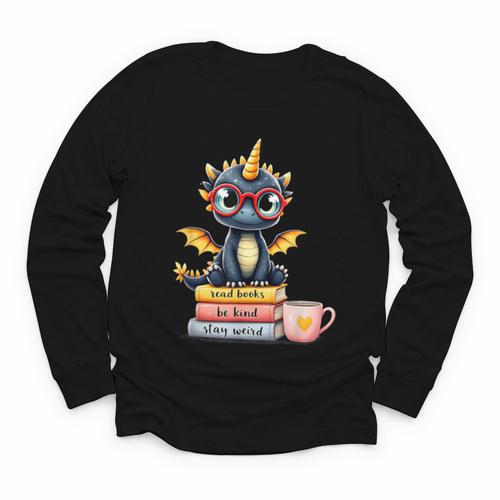 Book Lover Cute Baby Dragon Reading Youth Long Sleeve Tee - Bookorys