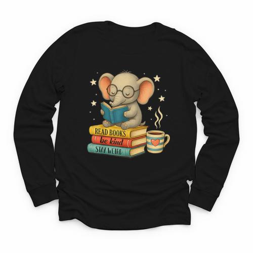 Book Lover Elephant Reading Books Library Read Books Be Kind Youth Long Sleeve Tee - Bookorys