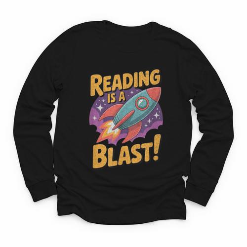 Book Lover Kids And Adults Reading Is a Blast Rocket Ship Youth Long Sleeve Tee - Bookorys DE