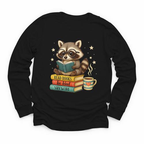 Book Lover Racoon Reading Bookish Library Read Books Be Kind Youth Long Sleeve Tee - Bookorys