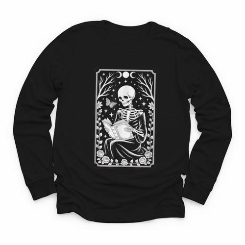 Book Lover The Reader Tarot Card Skeleton Reading Youth Long Sleeve Tee - Bookorys