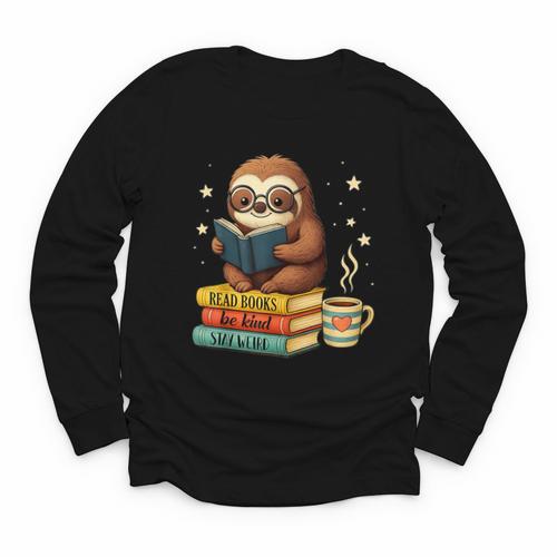 Book Lover Sloth Reading Bookish Library Read Books Be Kind Youth Long Sleeve Tee - Bookorys