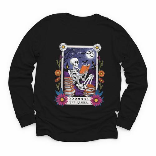 Book Lover Tarot Card The Reader Mystic Skeleton Youth Long Sleeve Tee - Bookorys CA