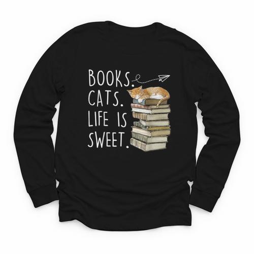 Book Lovers Books Cats Life Is Sweet Cat Lover Youth Long Sleeve Tee - Bookorys