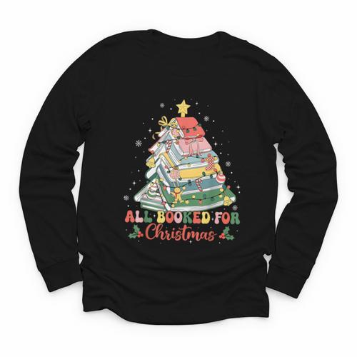All Booked For Christmas Book Lovers Xmas Tree Lights Youth Long Sleeve Tee - Bookorys DE