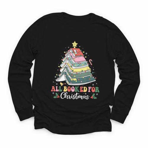 All Booked For Christmas Book Tree Lights Christmas Library Youth Long Sleeve Tee - Bookorys