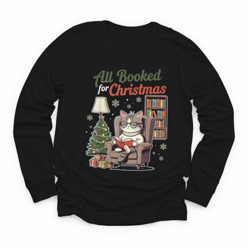 All Booked For Christmas Cute Bookish Cat Lover Youth Long Sleeve Tee - Bookorys AU