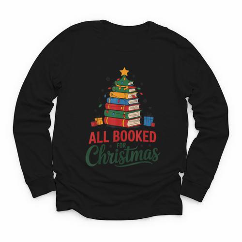 All Booked For Christmas Librarian Reader Xmas Pajama Youth Long Sleeve Tee - Bookorys CA