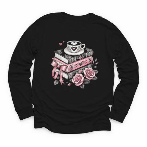 All Booked For Valentine's Coquette Bow Books Teacher Girly Youth Long Sleeve Tee - Bookorys CA