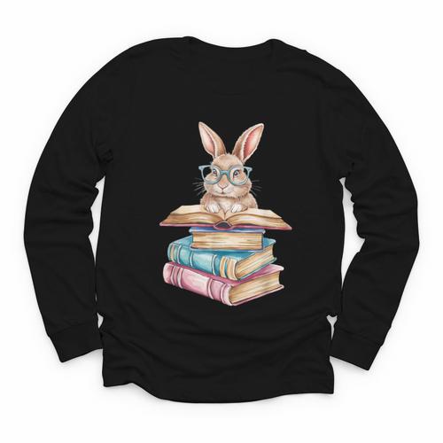 Books Bookworm Reader Book Cute Reading Bunny With Glasses Youth Long Sleeve Tee - Bookorys CA
