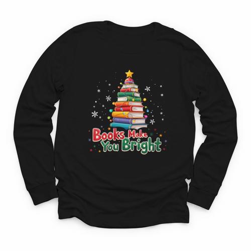 Books Make You Bright Christmas Librarian Book Lover Youth Long Sleeve Tee - Bookorys CA