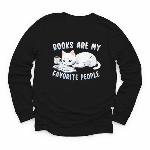 Books Are My Favorite People Cat With Coffee Mug Book Lovers Youth Long Sleeve Tee - Bookorys DE
