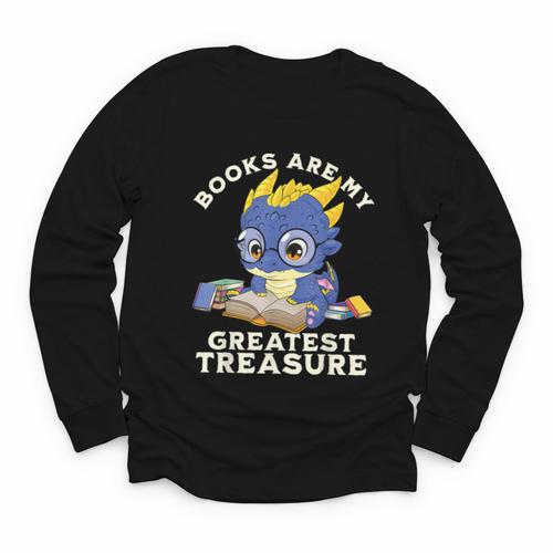 Books Are My Greatest Treasure Kawaii Dragon Reading Books Youth Long Sleeve Tee - Bookorys