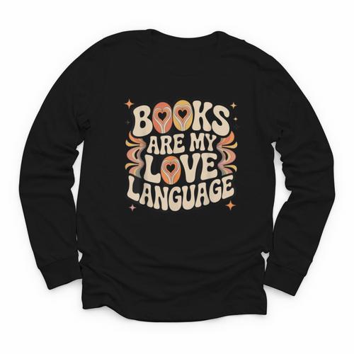 Books Are My Love Language Retro Groovy 70s Book Lover Youth Long Sleeve Tee - Bookorys DE