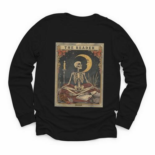 Books Lover Book Novels Reading Halloween Costumes Cottagecore Skeleton Aesthetic Tarot Card The Reader Graphic Youth Long Sleeve Tee - Bookorys