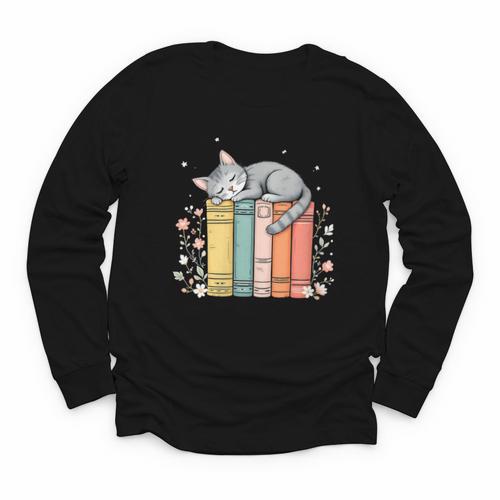 Books Lover Cute Sleepy Cat Relax Reading Vibe Youth Long Sleeve Tee - Bookorys AU