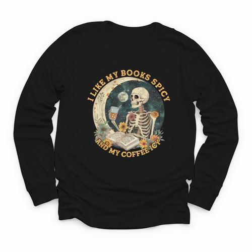 I Like My Books Spicy & My Coffee Icy Skeleton Read Book Youth Long Sleeve Tee - Bookorys CA
