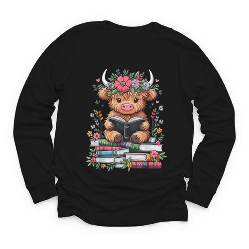 Bookworm Cute Baby Highland Cow Reading Book Youth Long Sleeve Tee - Bookorys UK