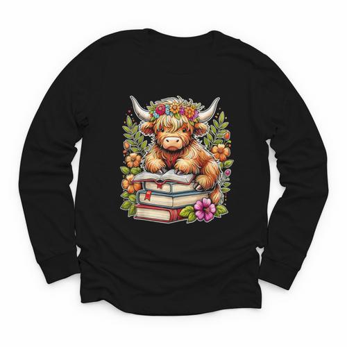 Bookworm Cute Highland Cow Reading Book Youth Long Sleeve Tee - Bookorys