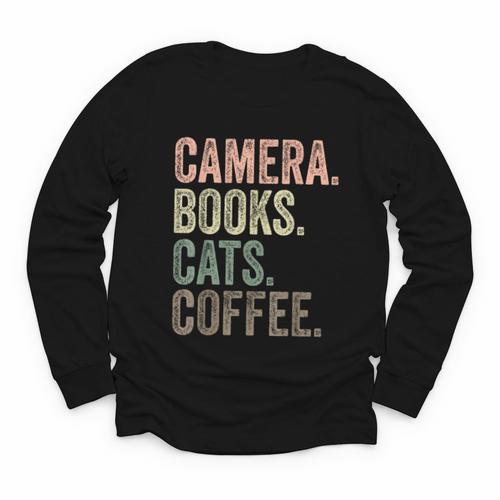 Camera Books Cats And Coffee Lover Photography Men Women Youth Long Sleeve Tee - Bookorys AU