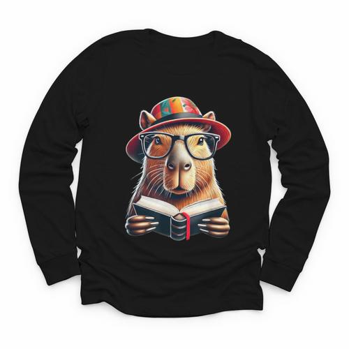 Capybara Bookworm Rodent Reading a Book Youth Long Sleeve Tee - Bookorys DE