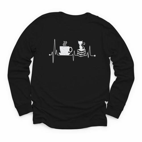 Cat Book Coffee Lover Heartbeat Cat Lover Book Lover Youth Long Sleeve Tee - Bookorys AU