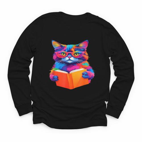 Cat Book Shirt Colorful Cat Reading Book Youth Long Sleeve Tee - Bookorys DE