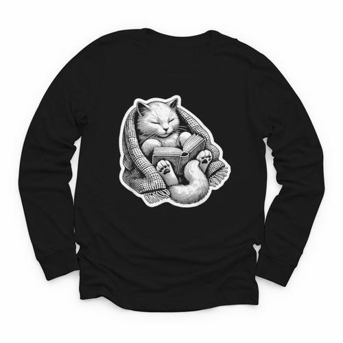 Cat Book Worm Reading Cottagecore Art Youth Long Sleeve Tee - Bookorys AU