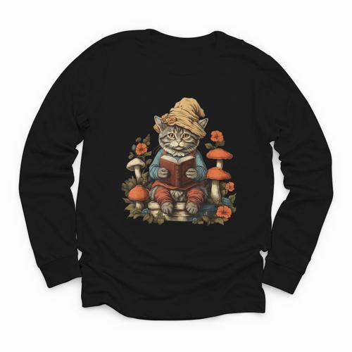 Cat Cottagecore Shirt Mushroom Cute Cat Reading Book Women Youth Long Sleeve Tee - Bookorys CA