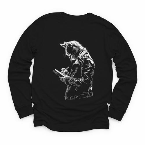 Cat Holds Book Writing Animal Print Motif Drawing Art Cat Youth Long Sleeve Tee - Bookorys