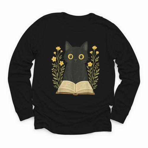 Cat Reading Book Flowers Youth Long Sleeve Tee - Bookorys