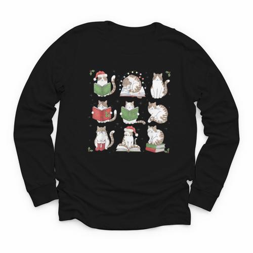 Cat Reading Book Funny Christmas Cat Book Lover Librarian Men Women Kids Youth Long Sleeve Tee - Bookorys