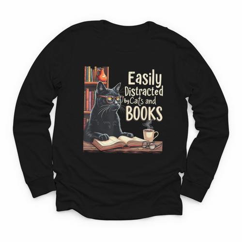 Cats And Books Book & Cat Lover Easily Distracted By Youth Long Sleeve Tee - Bookorys