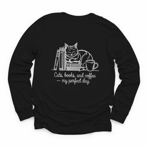 Cats Books And Coffee – My Perfect Day Cat Lover Youth Long Sleeve Tee - Bookorys