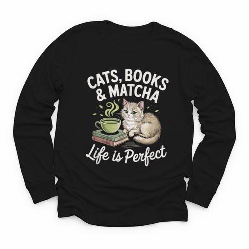Cats Books And Matcha Life Is Perfect Green Tea Matcha Youth Long Sleeve Tee - Bookorys