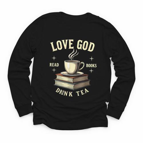 Christian Bookworm Love God Read Books Drink Tea Youth Long Sleeve Tee - Bookorys AU