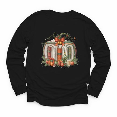 Christmas Book Pumpkin Reading Holiday Lovers Teacher Youth Long Sleeve Tee - Bookorys DE